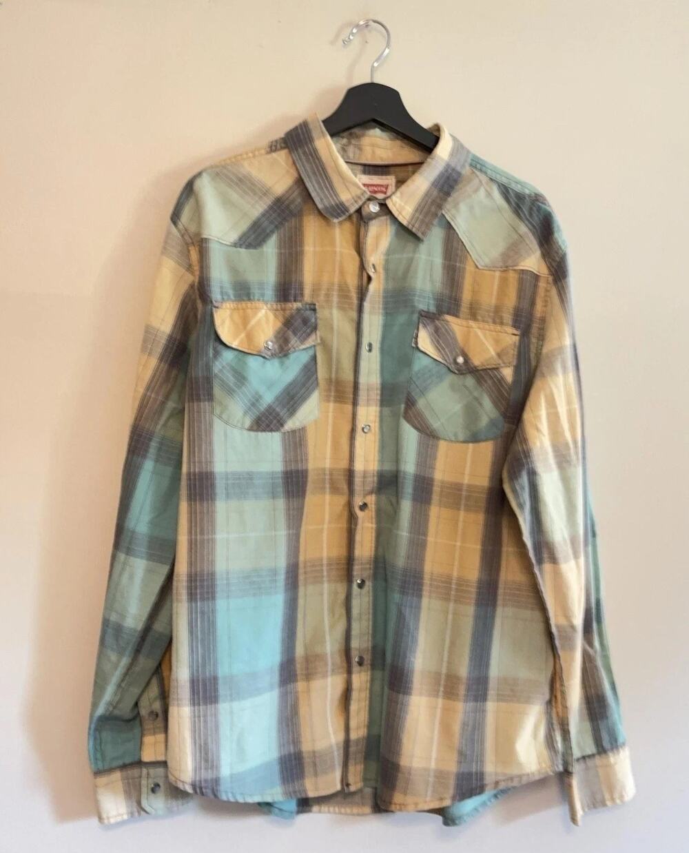 Levi's Western Shirt Mens XL Blue Tan Plaid Long Sleeve Snap Front Lightweight
